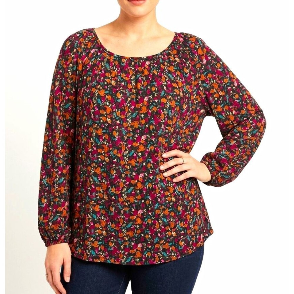 Ava & Viv Womens Peasant Top 2X Floral Scoop Neck Long Sleeve Cottagecore